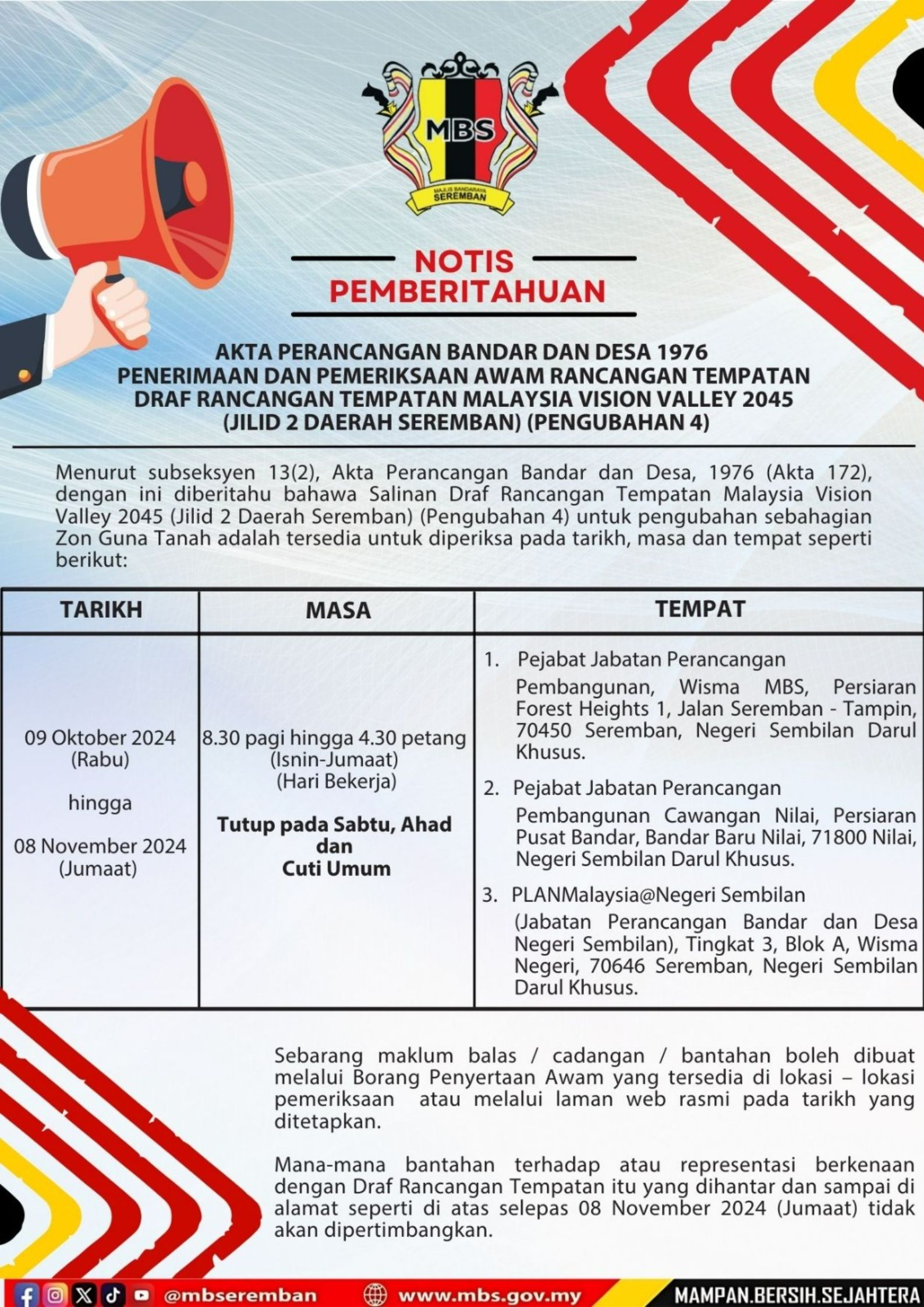 PEMBERITAHUAN PROGRAM PUBLISITI DAN PENYERTAAN AWAM DRAF RANCANGAN TEMPATAN RANCANGAN TEMPATAN MALAYSIA VISION VALLEY 2045 (JILID 2 DAERAH SEREMBAN) (PENGUBAHAN 4)