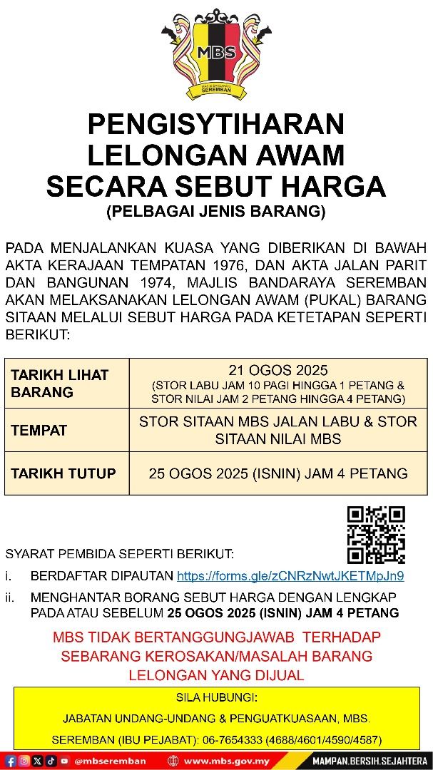 PENGISYTIHARAN LELONGAN AWAM SECARA SEBUT HARGA (PELBAGAI JENIS BARANG)